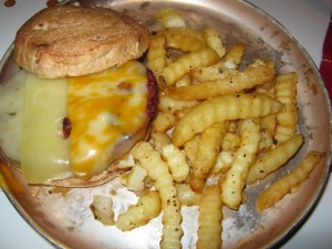 <p>Turkey Burger Served on Cinnamon Roll with Swiss, Colby Jack, and Cheddar Cheese</p>