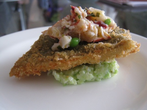 <p>Green Pea Grits Topped With Fried Trout and Lobster Pea Salad</p>