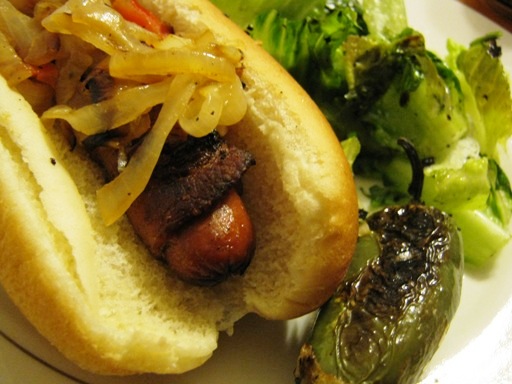 Bacon Wrapped Hot Dog, with Jalepeno and Grilled Romaine Lettuce
