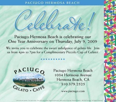 Paciugo Hermosa Beach One Year Anniversary Invite