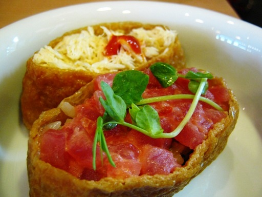 Tofu wraps with fresh crab (top) and spicy tuna