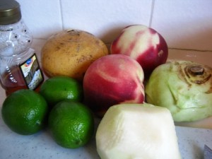 The salad ingredients standing by for prep.