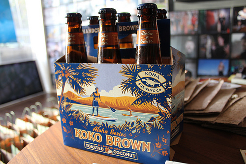 A six pack of Koko Brown, a seasonal beer from Kona Brewing.