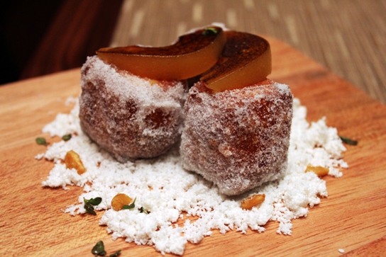 2011-08-20 The Strand House Manhattan Beach Dinner Menu Review 056 Butterscotch doughnuts and powdered bacon.