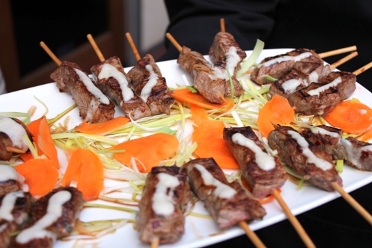 The filet mignon skewers were perfectly cooked and seasoned.