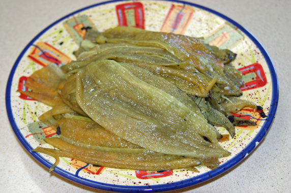 Peeled, seeded and sliced into strips