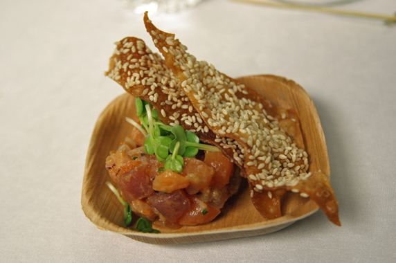 salmon and tuna tartare with sesame won ton crisp