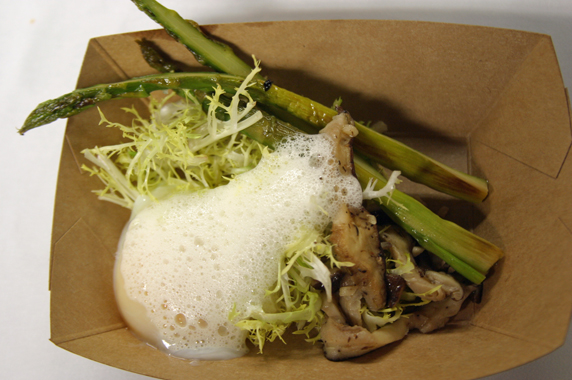 asparagus, baby frisee, mushrooms, poached egg and parmesan froth. 