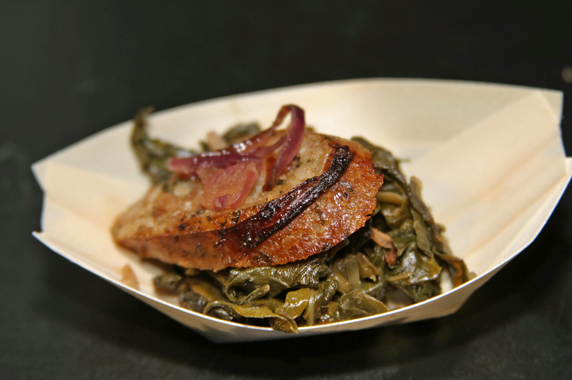 Bourdain sausage w/ collard greens, peppers and onions