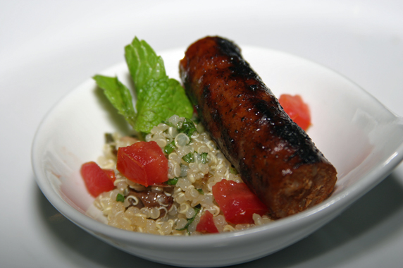 Spicy lamb sausage w/ organic quinoa, mint, raisins, almond, lemon and honey