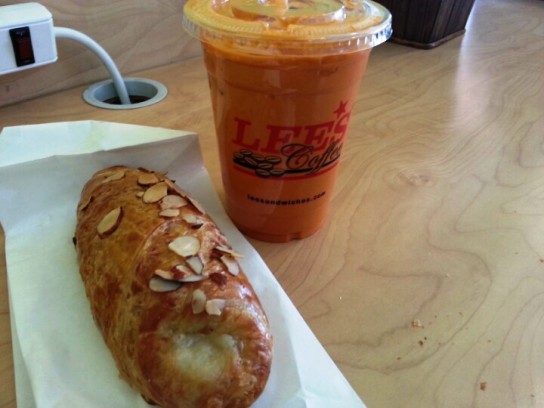Thai Iced Tea and Almond Croissant from Lee’s sandwiches