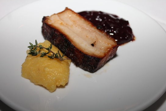 Pan Crisped Pork Belly with Goat Cheese Grits and Onion-Cherry Cutney at Flemings, El Segundo