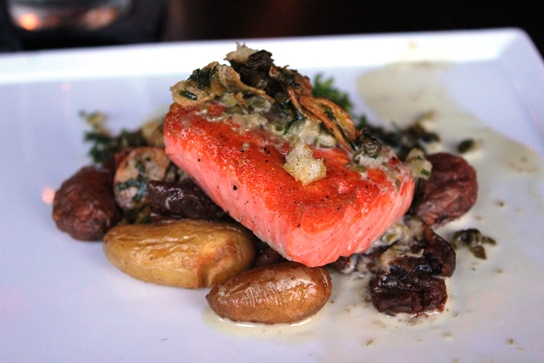 Roasted Salmon with lemon capers, crispy potatoes, and broccolini