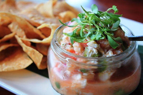 Lazy Dog Ceviche - Shrimp, White Fish, Cirtus, and Herbs served with Hand Cut Tortilla Chips.