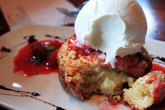 Homemade Butter Cake with strawberry compote, sweet balsamic reduction, mint chiffonade,  and vanilla bean ice cream.  Save room for it!