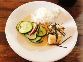 miso cod dish with ginger buerre blanc, soy drizzle and cucumber salad