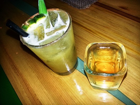 A sample size of the Makaha Maggie -- the real one is bigger -- and a shot of the pineapple infused tequila.