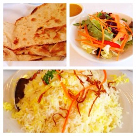 Nan bread, salad, basmati rice pilaf