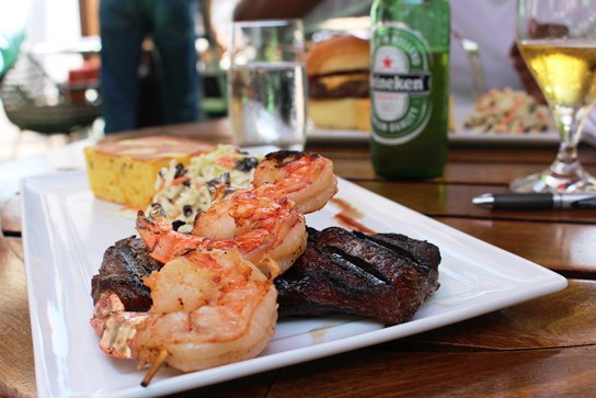 Surf and Turf; Steak and Shrimp, coleslaw, corn bread, beer