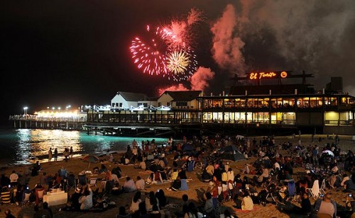 View of the Redondo Beach fireworks show from the beach.