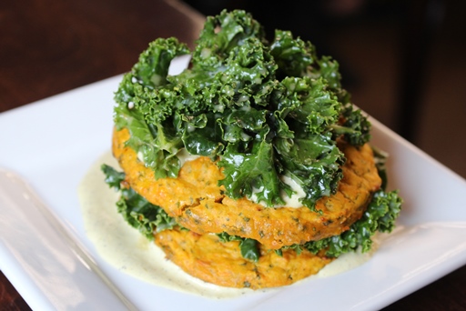 Yam cakes with fresh kale.