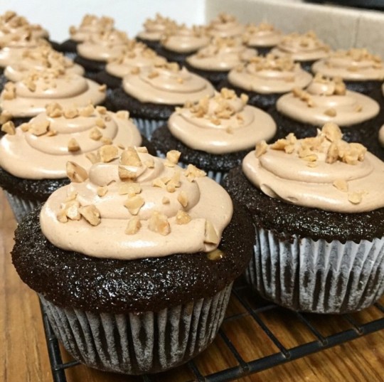 chocolate cupcakes with coffee buttercream topped with Heath toffee bits (photo credit @jnineeee)