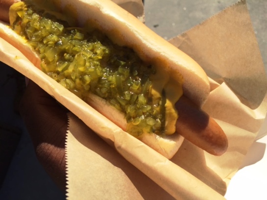 A simply dressed hot dog from Pinks: just mustard and relish.