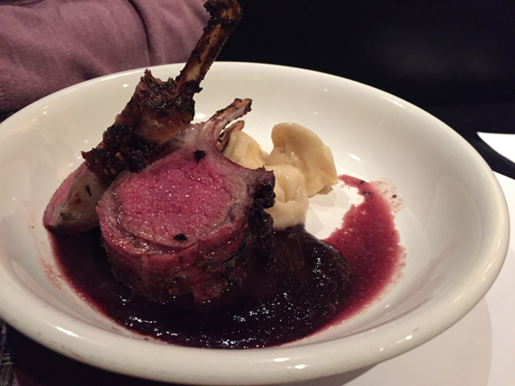 Lamb Rack Chop with black and blueberry sauce and cheese tortellini