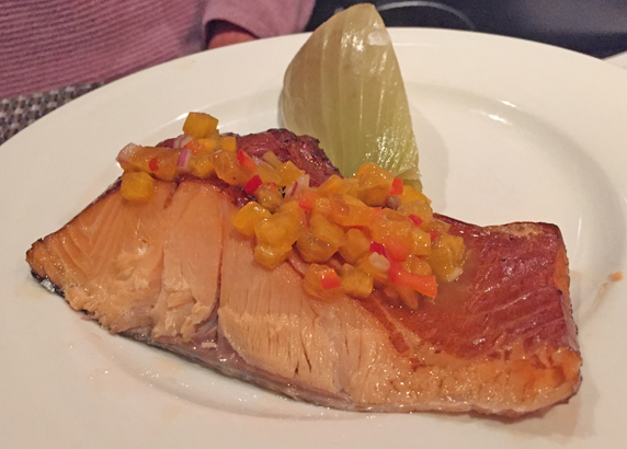 Hot smoked salmon with persimmon relish and a roasted fennel