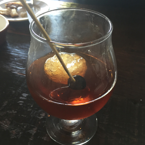 High West Rye, Bitters, Vermouth, Luxardo liqueur, ice sphere