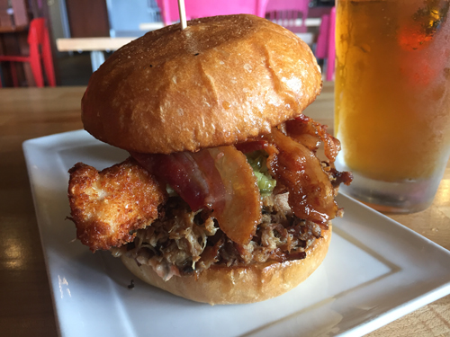 The Triple Threat - pork loin schnitzel, pulled pork, bacon, pepperoncini relish and shack aioli 