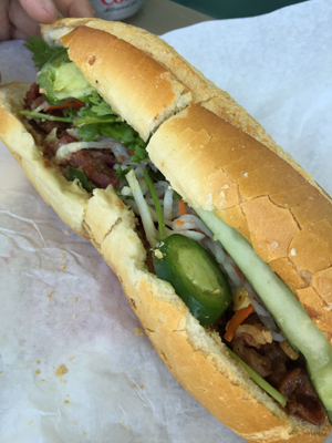 Charbroiled beef banh mi sandwich