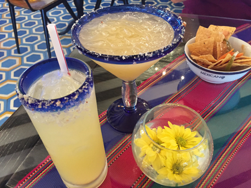 Paloma, Classic Margarita, warm chips with refried beans and cheese