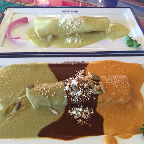 Foreground: Mole Enchilada with three sauces; Background: Enchiladas Mareñas 