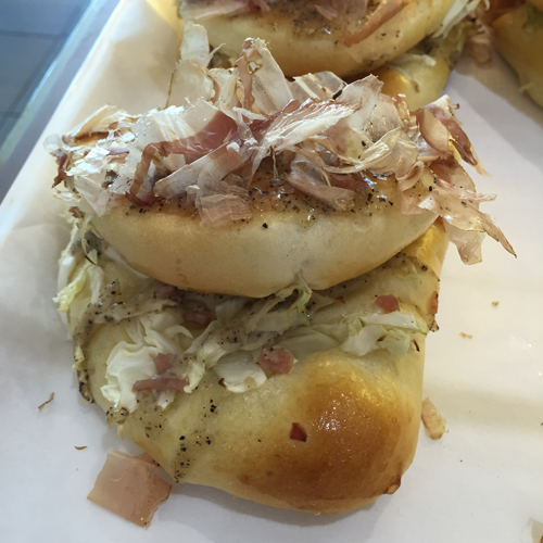 The Osaka filled with sliced cabbage and topped with bonito flakes - doesn't sound good, but it was tasty