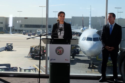 LAWA CEO Deborah Flint delivering her announcement.