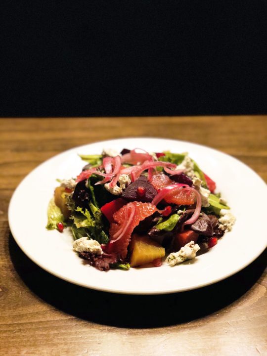 The salad alone is worth the trip with roasted winter beets, herbed goat cheese, pink grapefruit and pickled red onions with a balsamic rosemary pomegranate vinaigrette.