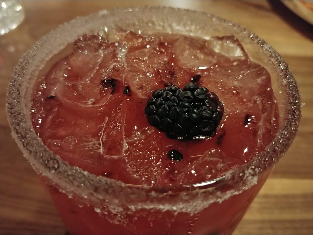 Fresh Blackberry Margarita; blanco tequila shaken with fresh blackberries.