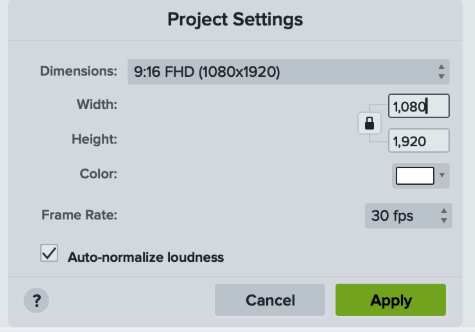 Project settings dialog for vertical video